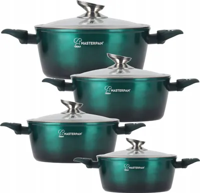 A set of four green pots with silver lids and black handles, stacked in a staggered formation against a white background.