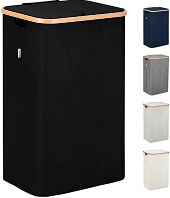 Produktbild von PolkaHome® Wäschekorb mit Deckel 100L – Großer Wäschekorb mit stabilem Bambusrahmen und herausnehmbarem Wäschesack, wasserdicht und