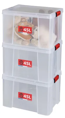 Aufbewahrungsbox mit Clipdeckel, 45 L, 3er-Set, transparent