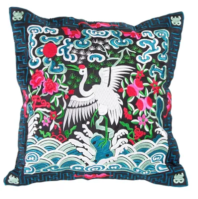 Obrázek produktu pro Jemné Asianliving Čínský polštář ručně vyšívané modré černé jeřáb 45x45cm bavlna japonský orientální asijský styl