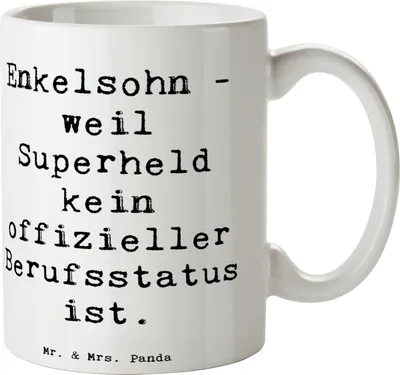 Produktbild von Mr. & Mrs. Panda Teebecher Spruch Enkelsohn Held - Weiß - Geschenk, Zuneigung, Kaffeebecher, Lächeln, Weihnachten, Verwandte, Kaffeetasse, Familie, Pott, Tasse mit