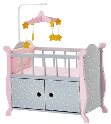 Produktbild von Teamson Kids Puppenwiege in Grau/Rosa mit gepolstertem Mobile, Stauraum und Bettzeug – robustes Holzspielzeug für Puppen bis 46 cm