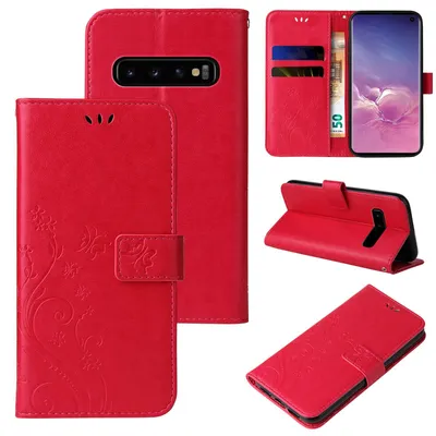 A collage of product images showing a red flip phone case with floral and butterfly designs from multiple angles.