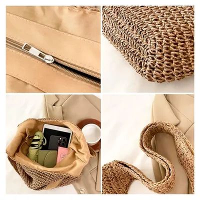 Produktbild von Damen Korbtasche aus Stroh, Strandtasche im Boho-Stil, gehäkelte Umhängetasche für Urlaub, Einkaufen und Reisen