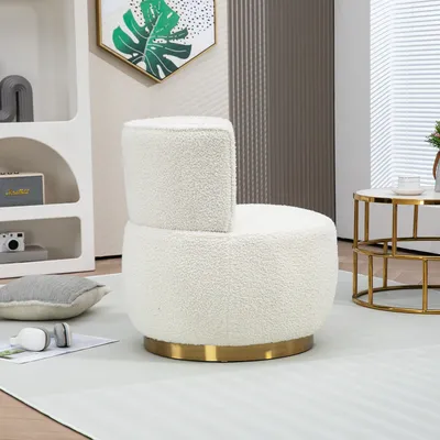 Immagine prodotto di okwish Poltrona girevole, moderna poltrona girevole a 360°, poltrona girevole rotonda, morbida superficie in tessuto teddy, comodo schienale, poltrona da salotto, stile a secchiello bianco