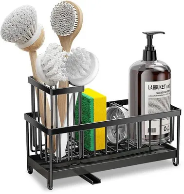 Productafbeelding van Ibenzoa® RVS spoelbakorganizer – 3 compartimenten, afneembare opvangbak, draaibare afvoer, borstelhouder en ruimte voor flessen, geschikt voor keuken en badkamer