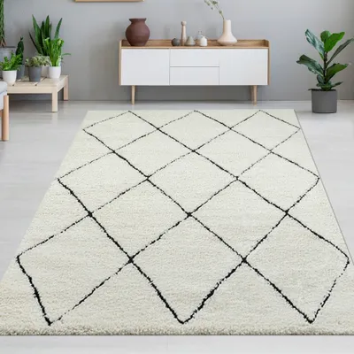 Produktbild von Zeitlose Eleganz: Stilvoller Teppich mit skandinavischem Rautenmuster in Weiß und Schwarz für eine nordisch inspirierte Wohnatmosphäre Größe - 140 x 200 cm