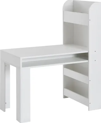 A white desk with shelves attached to the right side, against a white background.