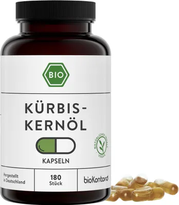 Produktbild von Kürbiskernöl Kapseln I 180 pflanzliche Kapseln I mit Kürbiskernöl nativ, kaltgepresst von bioKontor