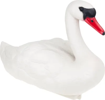A white swan figurine with a black and red beak, shown from a side angle against a white background.