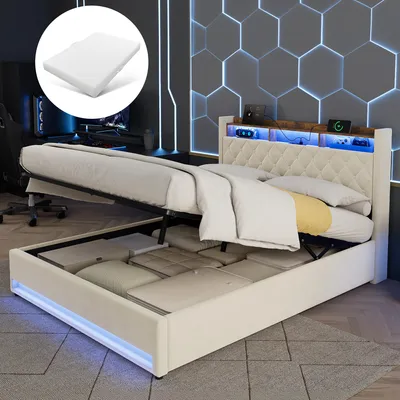 Produktbild von STILVORA Polsterbett 160×200 mit Matratze LED-Beleuchtung, USB & Steckdosen Bleuchtung Doppelbett Bettgestell im modernen Design mit Stauraum Kopfteil ohne Matratze, Beige