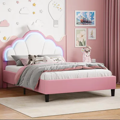 Image de Lit pour enfant ProximaX, 140x190 cm, modèle fille, avec revêtement en velours, tête de litReproductionée de couronnes et éclairage LED RGB, hauteur réglable
