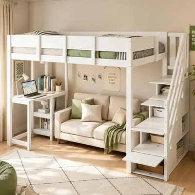 Produktbild von STILVORA 90×200 Hochbett mit Ablage,Etagenbett mit Stauraumtreppe und Lattenrost,Multifunktionsbett für Kinder und Jugend,ohne Matratze,Weiß