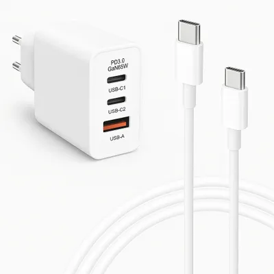 A white USB-C charger with multiple ports and two white USB-C cables on a white background.
