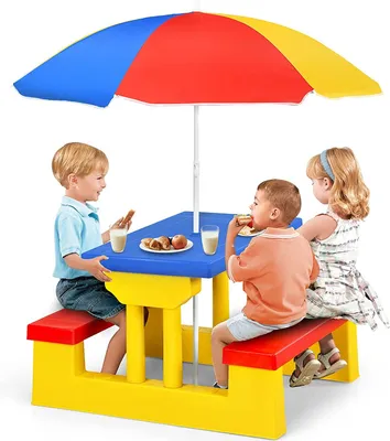 Produktbild von GOPLUS Kindersitzgruppe Picknickset Sitzgruppe Kindermöbel Gartenmöbel aus PP-Material für Kinder inkl. Sonnenschirm, 2 Bänke und Tisch