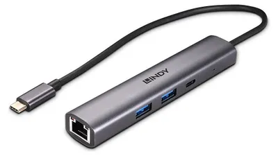Produktbild von Lindy 43385, USB Typ-C, RJ-45, USB 3.2 Gen 2 (3.1 Gen 2) Type-A, USB 3.2 Gen 2 (3.1 Gen 2) Type-C, 10000 Mbit/s, Grau, Aluminium, Kunststoff, 0,255 m