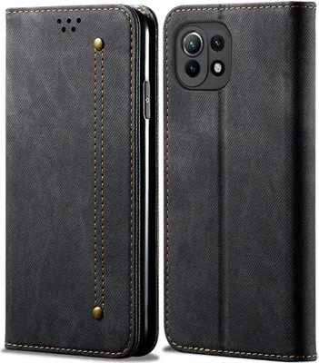 Produktbild von Xiaomi Mi 11 Lite Hülle, LaimTop Denim Leder Brieftasche Magnetverschluss Flip Bookstyle Schutzhülle mit Standfunktion für Xiaomi Mi 11 Lite Schwarz