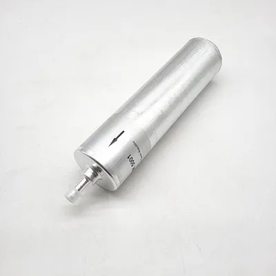 A silver cylindrical fuel filter is shown on a white background.