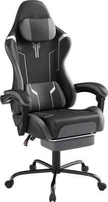Obrázek produktu pro UISEBRT Herní židle Kancelářská židle Ergonomická výškově nastavitelná s hlavovým polštářem Vibrační masážní bederní polštář Podnožka Područky Velurová tkanina Černo-šedá