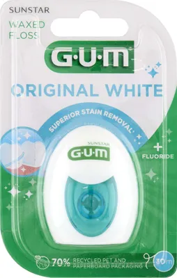 Zdjęcie produktu dla GUM 6058986, Woskowana nić dentystyczna, Esowaty, Niebieski, Biały, 30 m