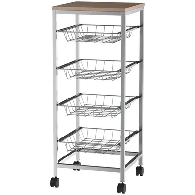 Produktbild von HOMCOM Servierwagen, Küchenwagen mit Metallkörben, Küchentrolley, Beistellwagen, Silber, 36,5 x 36,5 x 89 cm