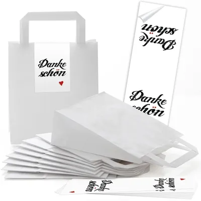 Produktbild von Logbuch-Verlag 5 weiße Papiertüten mit Henkel u. Boden + Geschenkaufkleber braun gold Weihnachtsmotive herbstlich Weihnachtsverpackung Geschenk Verpackung Weihnachten"Dankeschön" Herz rot weiß / 10 Stück