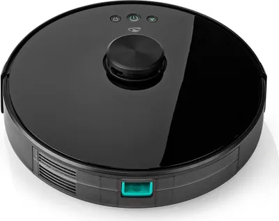 A black, round robot vacuum cleaner is shown from a slightly elevated angle against a white background.
