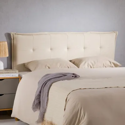 Produktbild von Kopfteil ZELOX mit Holzbeinen 160 cm in Beige - gepolsterte Bettrückwand für Doppelbetten, Headboard mit hochwertigem Stoffbezug & gestepptem Look