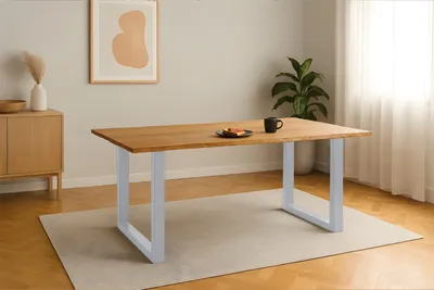 Produktbild von Esstisch 200x100 cm Baumkante Eichenholz massiv geölt U-Gestell silber SALVADOR