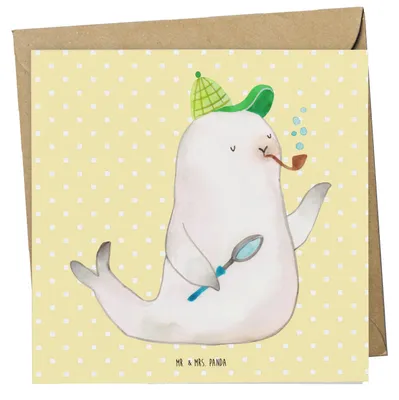 Produktbild von Mr. & Mrs. Panda doppelkarte Robbe Sherlock - Gelb Pastell - Geschenk, Glückwunschkarte, anlasskarte, Grußkarte, Lustige Sprüche, faltkarte, Klappkarte
