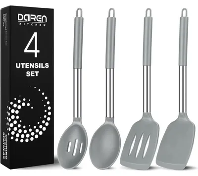 Produktbild von Silikon Küchenutensilien Set 4-teilig mit Edelstahlgriff, Grau, Hitzebeständig, Spülmaschinenfest