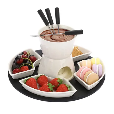 Produktbild von Schokoladen Fondue-Set aus Porzellan (4 Gabeln 4 Scheiben), für Schokolade Käse Fondue Familienessen Nachtisch Picknicks Geburtstagsfeiern