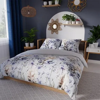 Image de Linge de lit, satin de coton, haute qualité, 160 x 200, motif de fleurs bleu clair « Celeste »