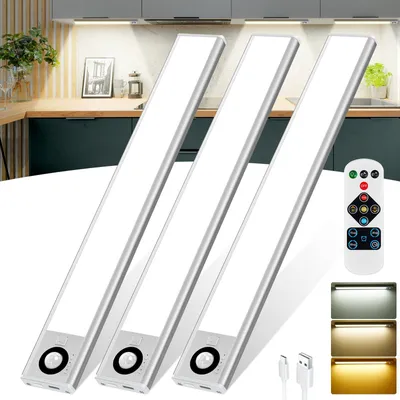 Produktbild von Unterbauleuchte Küche LED mit Fernsteuerung, 30CM Schrankbeleuchtung mit Bewegungsmelder, 72 LEDs 2200mAh USB-C Aufladbar, 3000K/4000K/6000K Dimmbar, 3 Stück LED Leiste für Kleiderschrank, Treppe