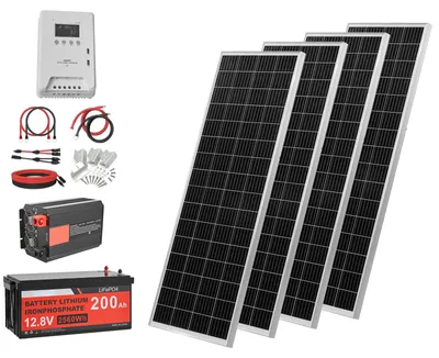 Immagine prodotto di Kit completo di impianto solare SucceBuy da 400W, sistema solare autonomo con 4 pannelli solari monocristallini da 100W, batteria LiFePO4 da 12,8V e 200Ah, regolatore di carica MPPT da 40A e inverter da 12V e 2000W, sistema fotovoltaico per uso domestico