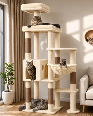 Image de Arbre à gratter Kratzbaum, couleur beige, taille XL, grand, hauteur 167 cm, grande plateforme, perche rembourrée, maison pour chat, panier, jouet en peluche, stable