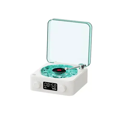 A white vintage-style Bluetooth vinyl player with a transparent blue lid and a blue record on a white background.