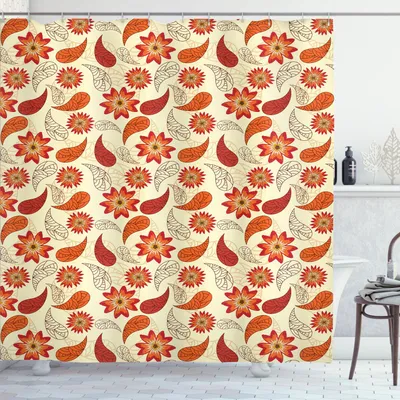 Produktbild von ABAKUHAUS Orange Duschvorhang, Mohnblumen im Retro Stil Blätter Künstlerische Paisley Muster, 175 x 240 cm, Orange Red Peach