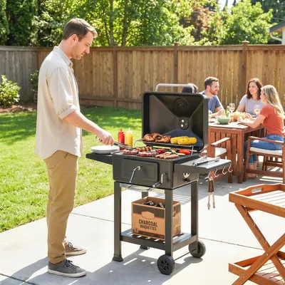 Produktbild von Holzkohlegrill mit Deckel & Thermometer, BBQ Smoker, höhenverstellbarer Grillrost, Schwarz | 112 x 63 x 101,5 cm | Seitentisch, Aschefach | 19,5 kg