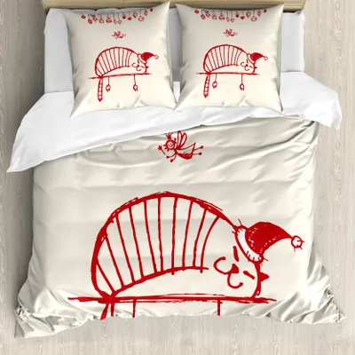Obrázok produktu pre ABAKUHAUS Vianočný obliečkový set, Spiaca mačka, Odolný proti roztočom, Vhodný pre alergikov, s obliečkami na vankúše, 200 cm x 200 cm – 80 x 80 cm, červený