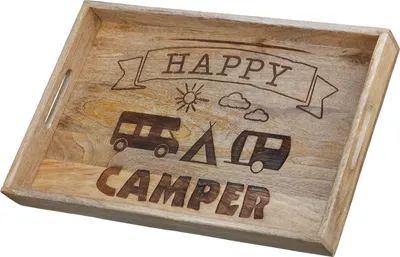 Produktbild von Gilde Deko Tablett "Camping" naturfarben aus Mangoholz, breit "Happy Camper" nur für Dekozwecke geeignet H: 5 cm B: 43 cm T: 28 cm 50812