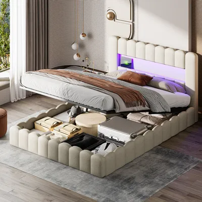 A bedroom scene with a bed featuring storage, LED lighting, and USB ports.