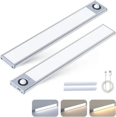 Produktbild von Schranklicht mit Bewegungsmelder 2 Stück LED Unterbauleuchte Küche Schrankbeleuchtung Schrankleuchte Batterie USB Wiederaufladbar,Weiß [Energieklasse G]