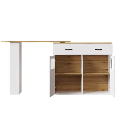 Produktbild von Flieks ausziehbarer Bartisch mit Stauraum, 360° drehbare Essbar 138-204x39x104 cm, Hochtisch Kücheninsel mit Regalen und Glastüren, weiß