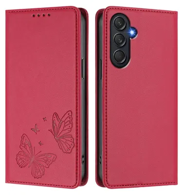 Obrázek produktu pro Kožené pouzdro pro Samsung Galaxy M55, motýlí ražbou, peněženkové flip pouzdro se stojánkem Červená