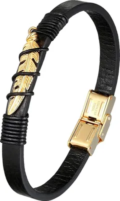 Produktbild von Karisma Uni Schwarzes Lederarmband Blatt Edelstahl BLQ243 - Gold