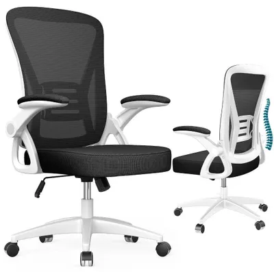Image de Chaise de bureau ergonomique – dossier en maille respirante, soutien lombaire intégré, accoudoirs rabattables à 90°, Noir et blanc