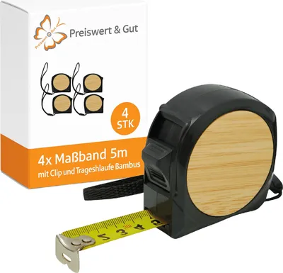 Produktbild von 4x Rollmaßband mit Automatik und Feststeller Clip 5m – Set Maßband in Gelb, massband aus Stahl, Bambus und Kunststoff