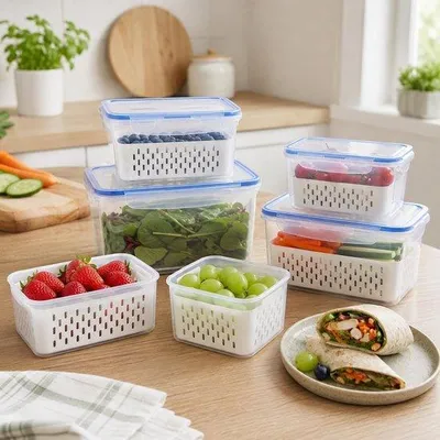 Productafbeelding van Set van 3 Vershouddozen - Blauw - 850 ml, 1750 ml en 3300 ml - Duurzaam BPA-vrij PP-materiaal - Voor Groenten en Fruit