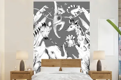 Produktbild von MuchoWow® Fototapete für Wohnzimmer oder Schlafzimmer Wandtapete Vinyl Motivtapete Aquarellieren - Tiere - Dschungel - Jungen - Blau - Kinder - 200x300 cm - Wanddekorationen